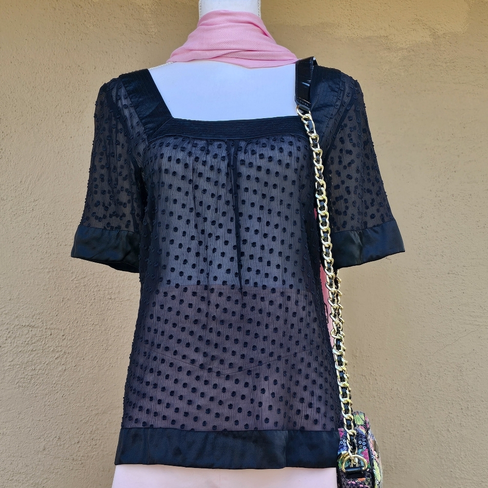 GUESS Y2K Silk Blend Blk Sheer Polka Dot Top with a Squared Neckline Size Medium
